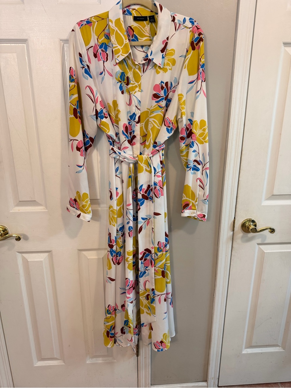 Halogen White Floral Long-Sleeve Shirt Dress with Yellow, Pink & Blue Print